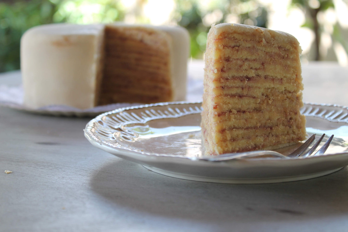 Torta Panqueque Almendra, Frambuesa y Mazapán